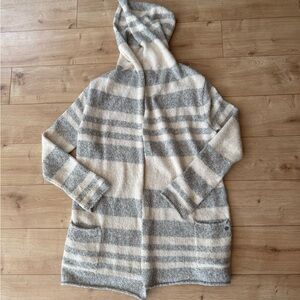 Eddie Bauer Sleepwear Knit Robe Gray White Striped Hooded Lounge Cardigan M/L